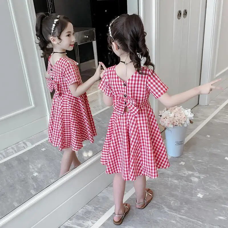 2022 Summer teenager baby Girls Dress Clothes plaid bow grey chiffon Long Beach Princess skirt 3 4 5 6 7 8 9 10 12 13 14 years