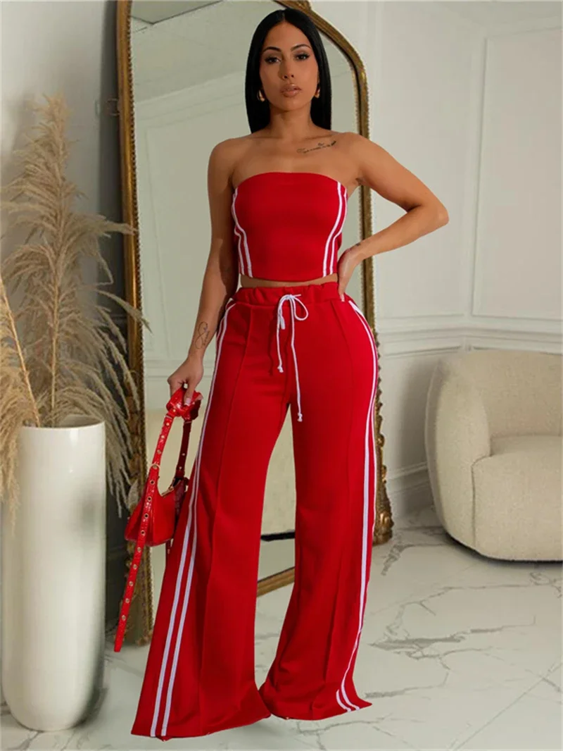Streetwear 2 Piece Sets Women Outfit Summer Clothes Women 2024 Side Striped Strapless Vest Top and Pants Sets Casual Woman Sets