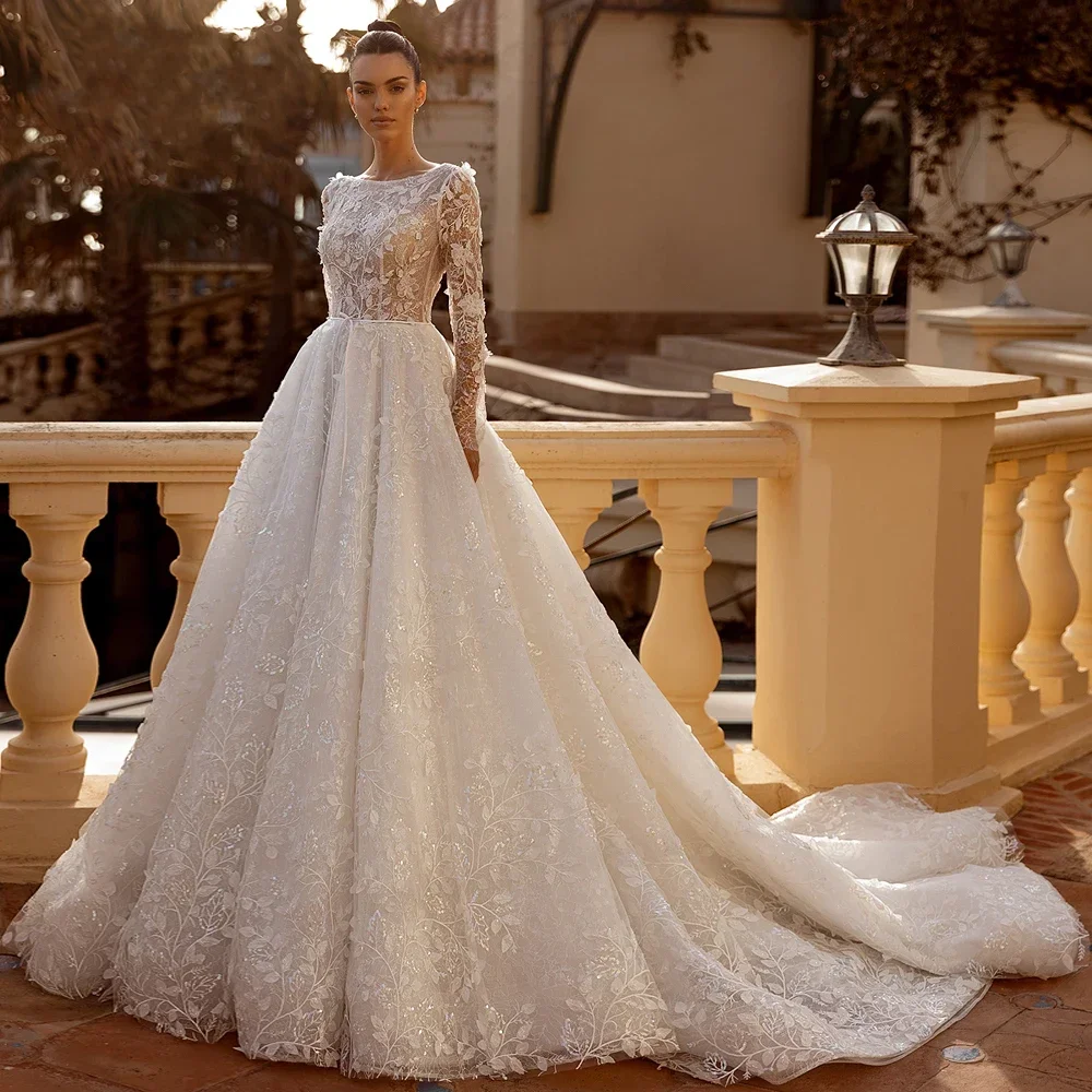 

Customized Scoop Neck Long Sleeve Lace Vintage Wedding Dress Sexy Backless Appliques A Line Bridal Gown Vestido De Novia