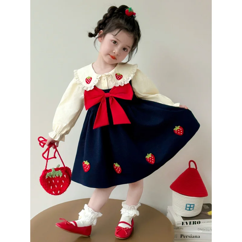 Girls Autumn Strawberry Dress Two-piece Set2025New stylish princess dress children's clothing wholesale