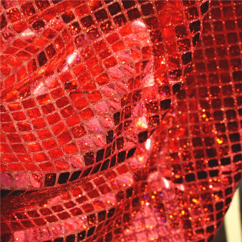 Red Mesh Gauze Fabric Laser Checkered Soft Material Mirror Sequins Reflective Wedding Stage Background Clothing Fabrics