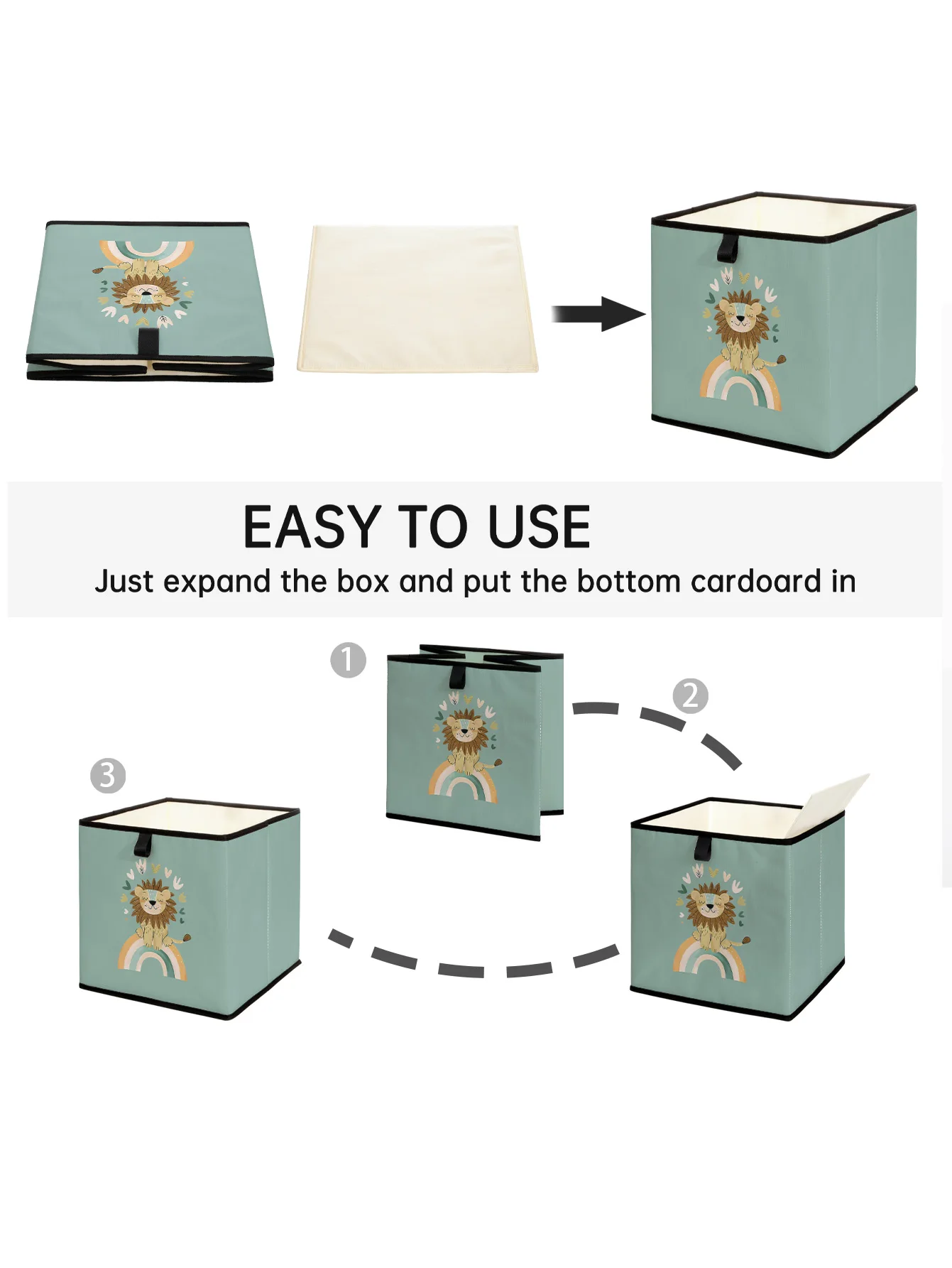 Cute Lion Rainbow Print Foldable Storage Cube Box, Collapsible Fabric Organizer Bin For Baby Toys Clothes And Daily Sundries - view 5