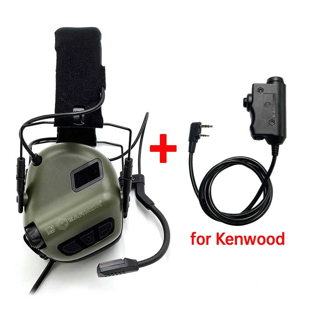 EARMOR M32 SE(SE 32) Taktisches Schieß-Headset + M51 PTT für Kenwood, Aktive Geräuschunterdrückung Ohrenschützer für Jagd, Airsoft