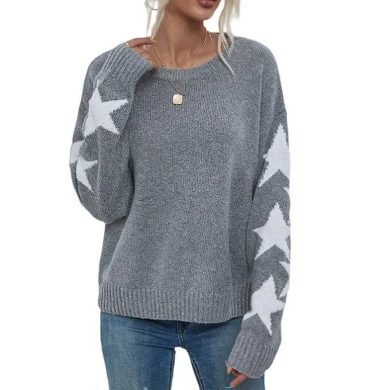 European and American Autumn and Winter Clothes Women Knitted Sweater Solid Five-pointed Star Jacquard O-neck Pullover Sweater