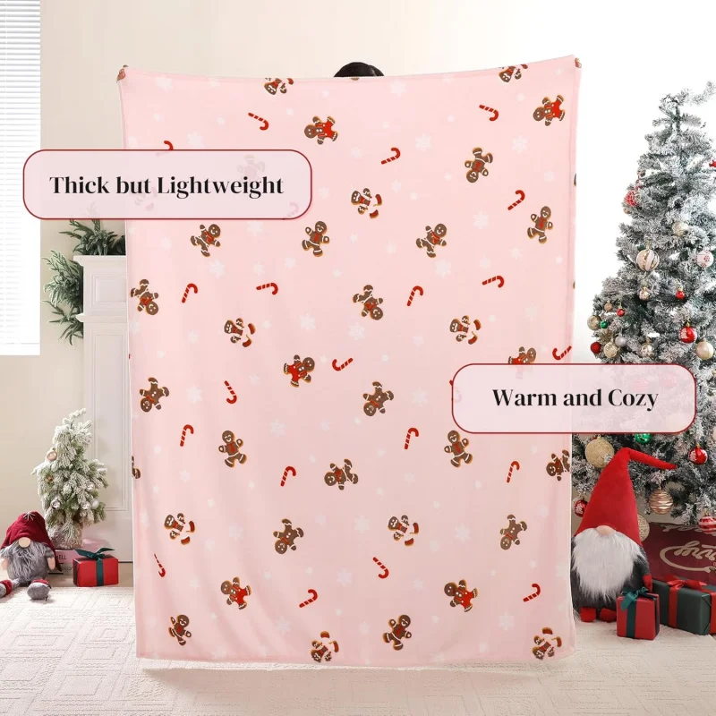 Pink gingerbread Christmas blanket, winter sofa bed, home decoration, flannel blanket, 80INX60IN