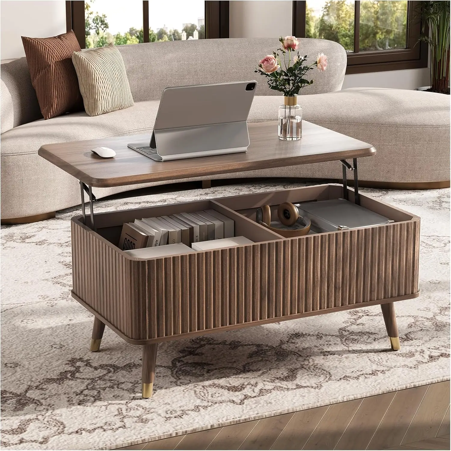 

Mid-Century Modern Walnut Lift Top Coffee Table - Fluted Rectangle Table with Hidden Compartment & Storage Shelf,