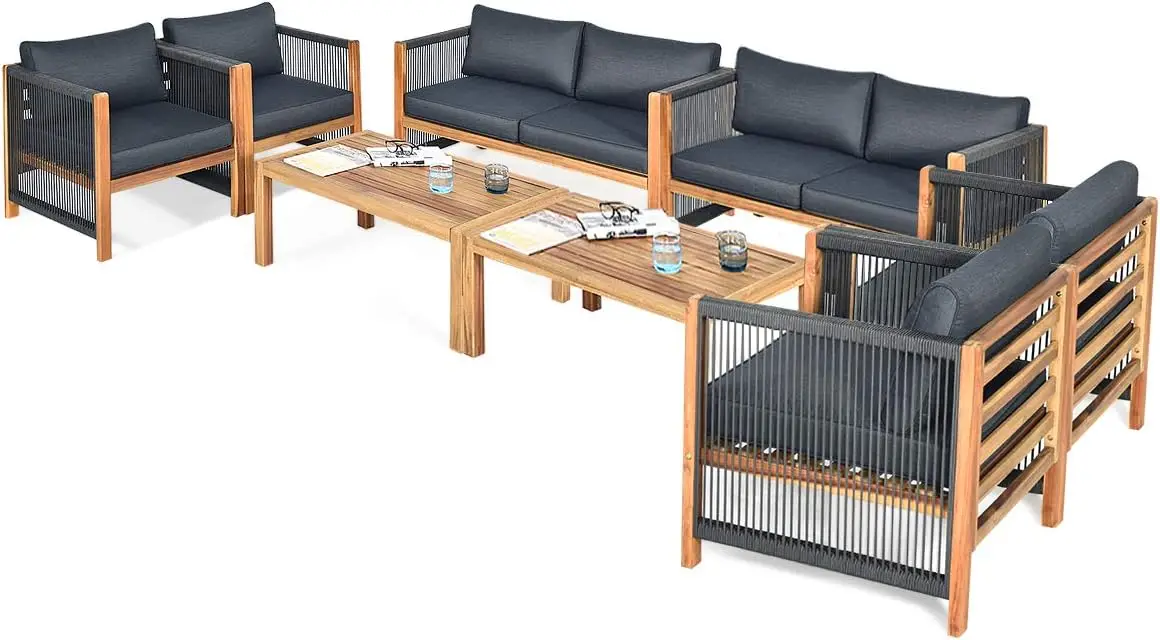 

Tangkula Outdoor Wood Furniture Set, Acacia Wood Frame 2 Loveseat Sofa, 4 Single Chairs and 2 Coffee Table, 8 Pieces Conversati