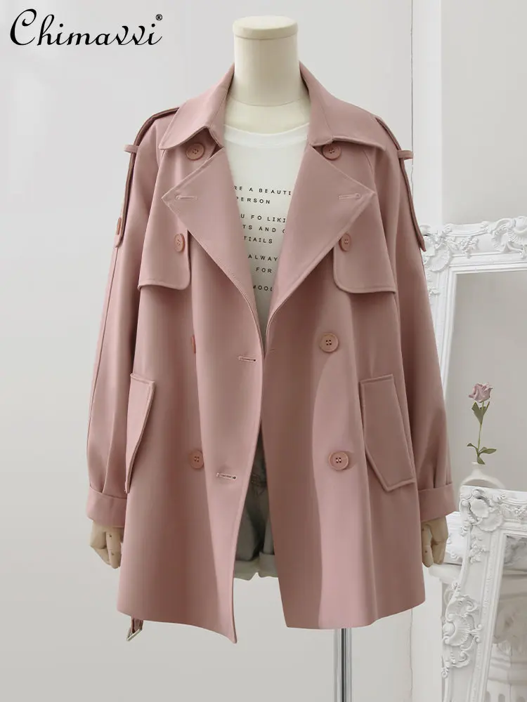 

High-End Pink Trench Coat for Women Spring Autumn New Korean Fashion Polo Collar Double Breasted Long Sleeve Elegant Jackets