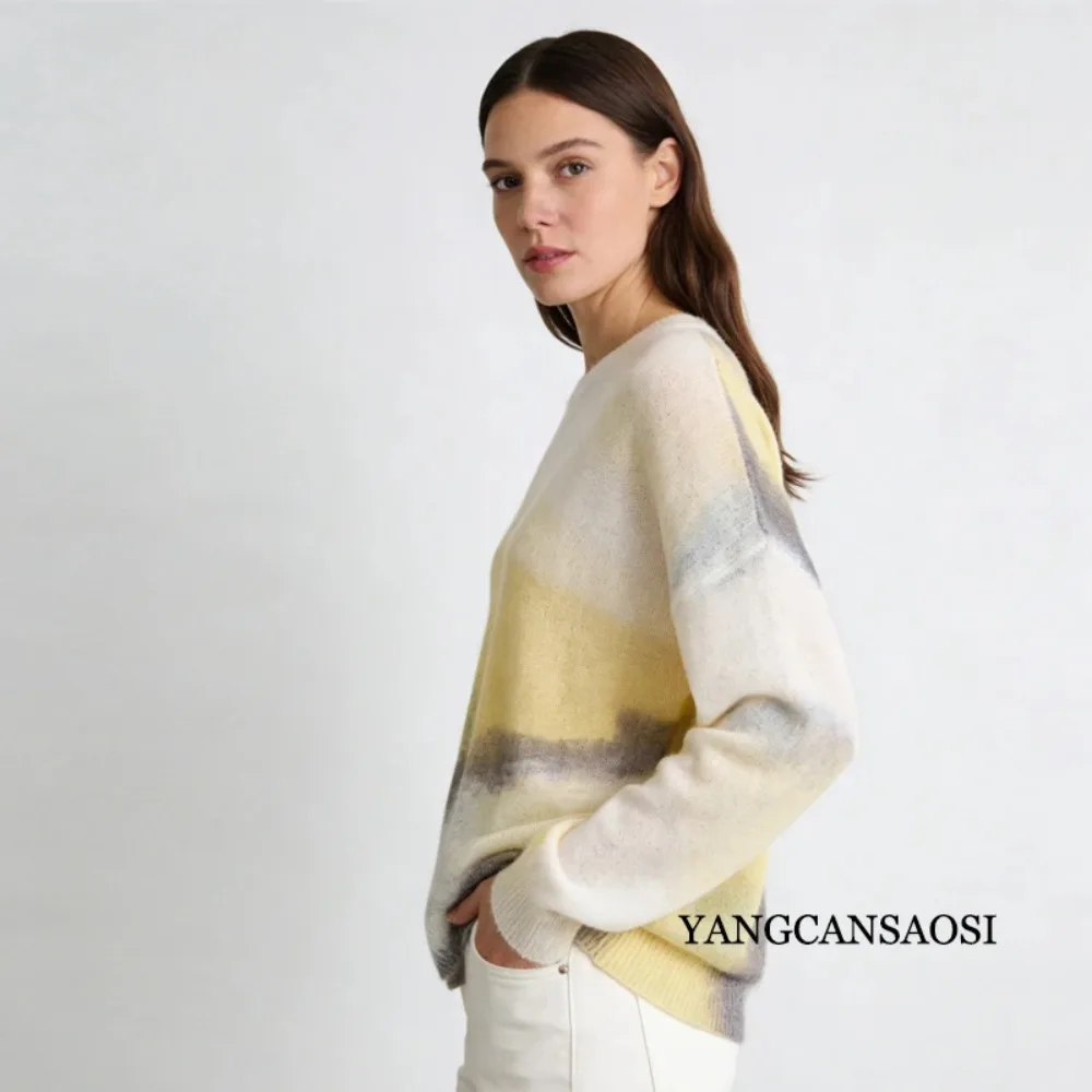 Haut en laine 60%, pull tricoté à manches longues de couleur dégradée pour femmes, Style paresseux, décontracté et confortable, nouveau Style printemps 2026