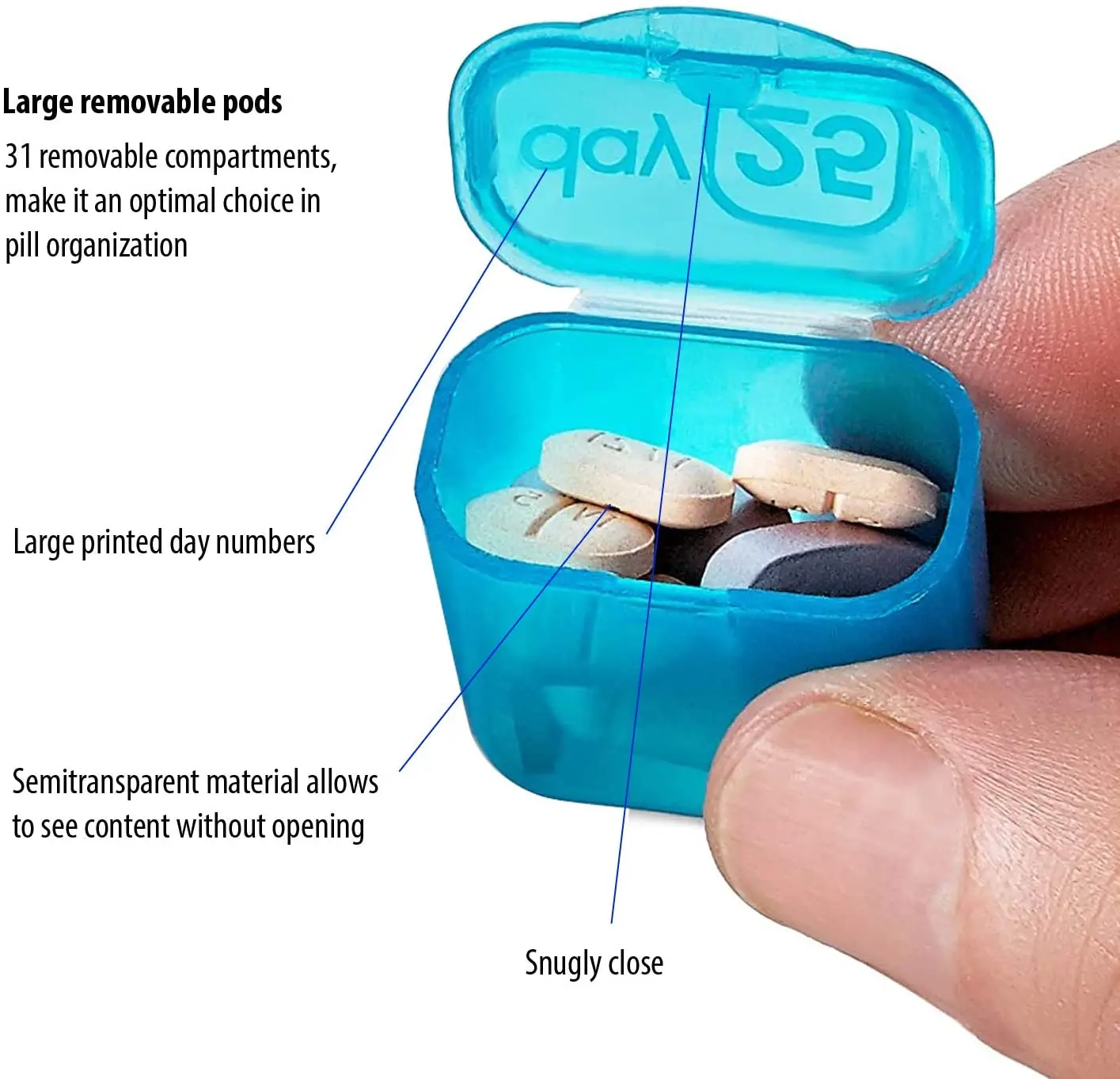 31วันรายเดือน Pill Organizer Pods กล่องสำหรับเดินทาง BPA ฟรีสำหรับทุกวันยาและวิตามิน Pastillero