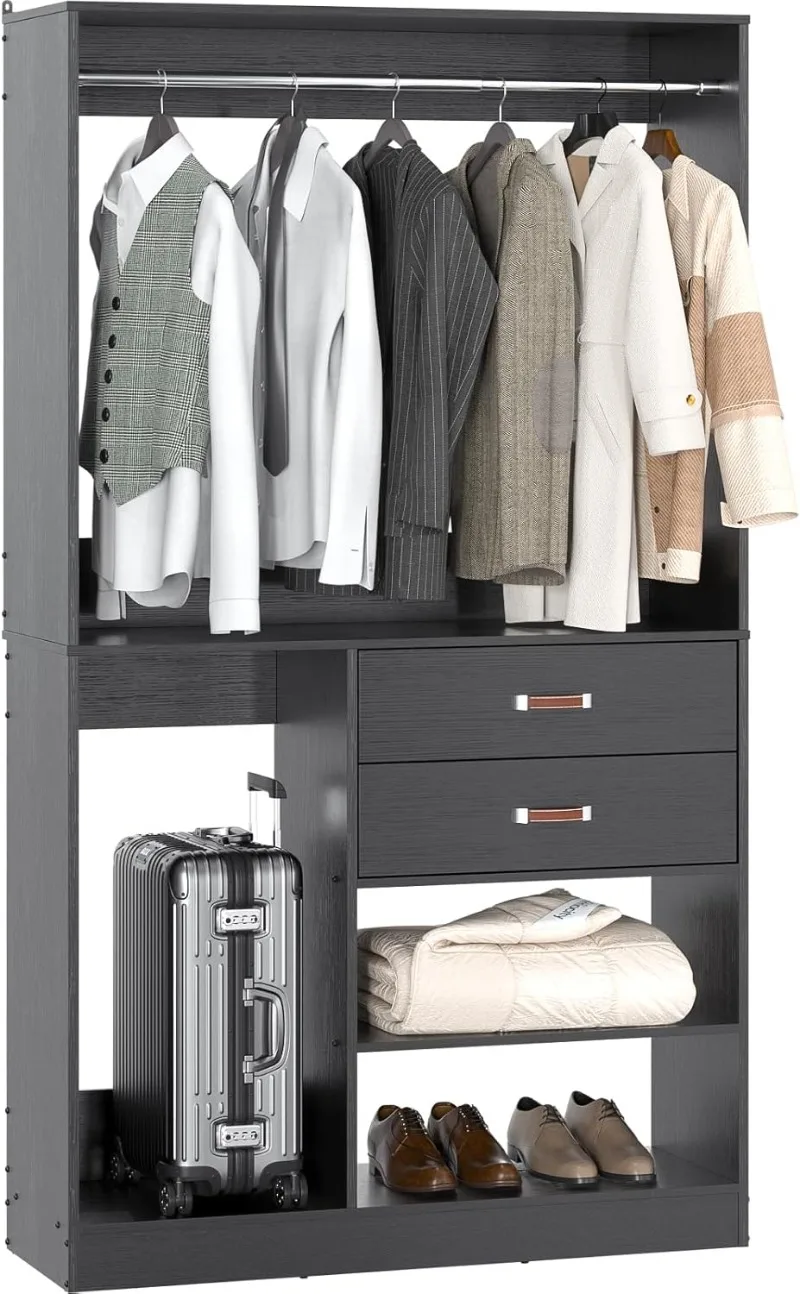 Freestanding Closet System with Suitcase Storage 40 Inches Stand-Alone Wardrobe with 2 Wood Drawers Walk-in Closet  Black