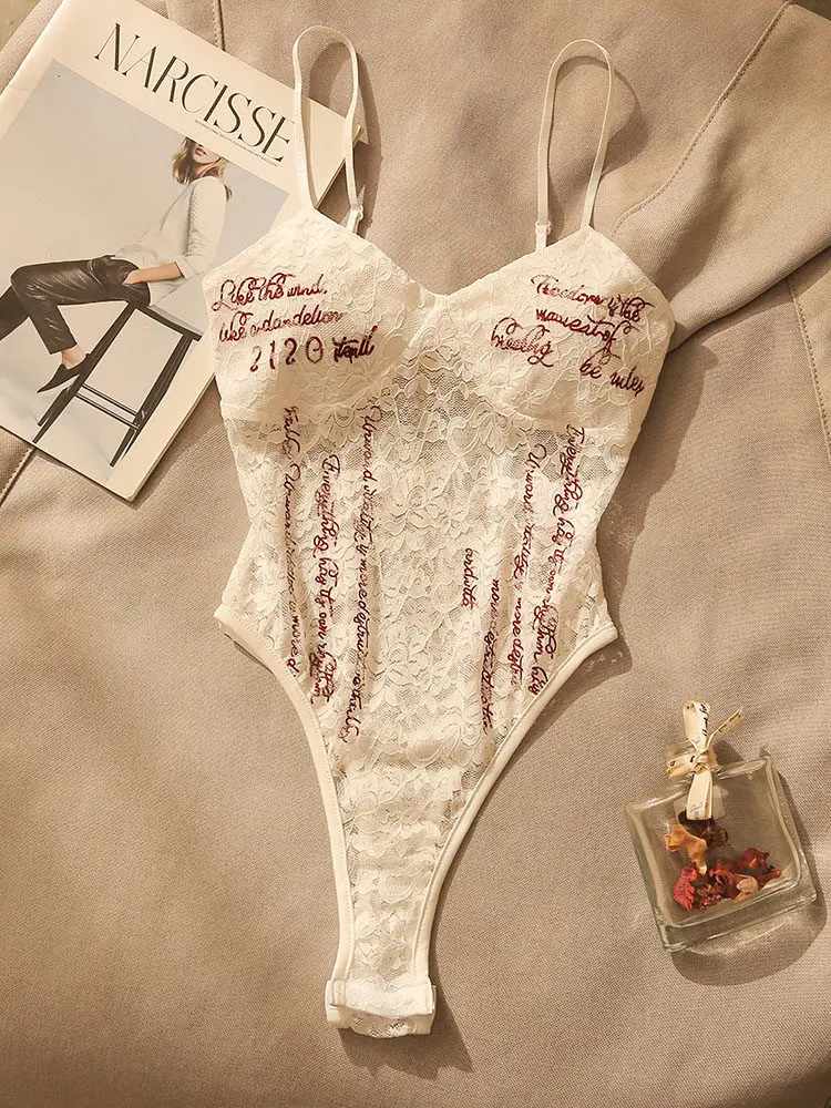 

Sexy Pure Desire Letter Hollow out Lace Onesie Strap Print Slimming Base Layer Hot Girl ort Pants High Waist Polyester Fiber