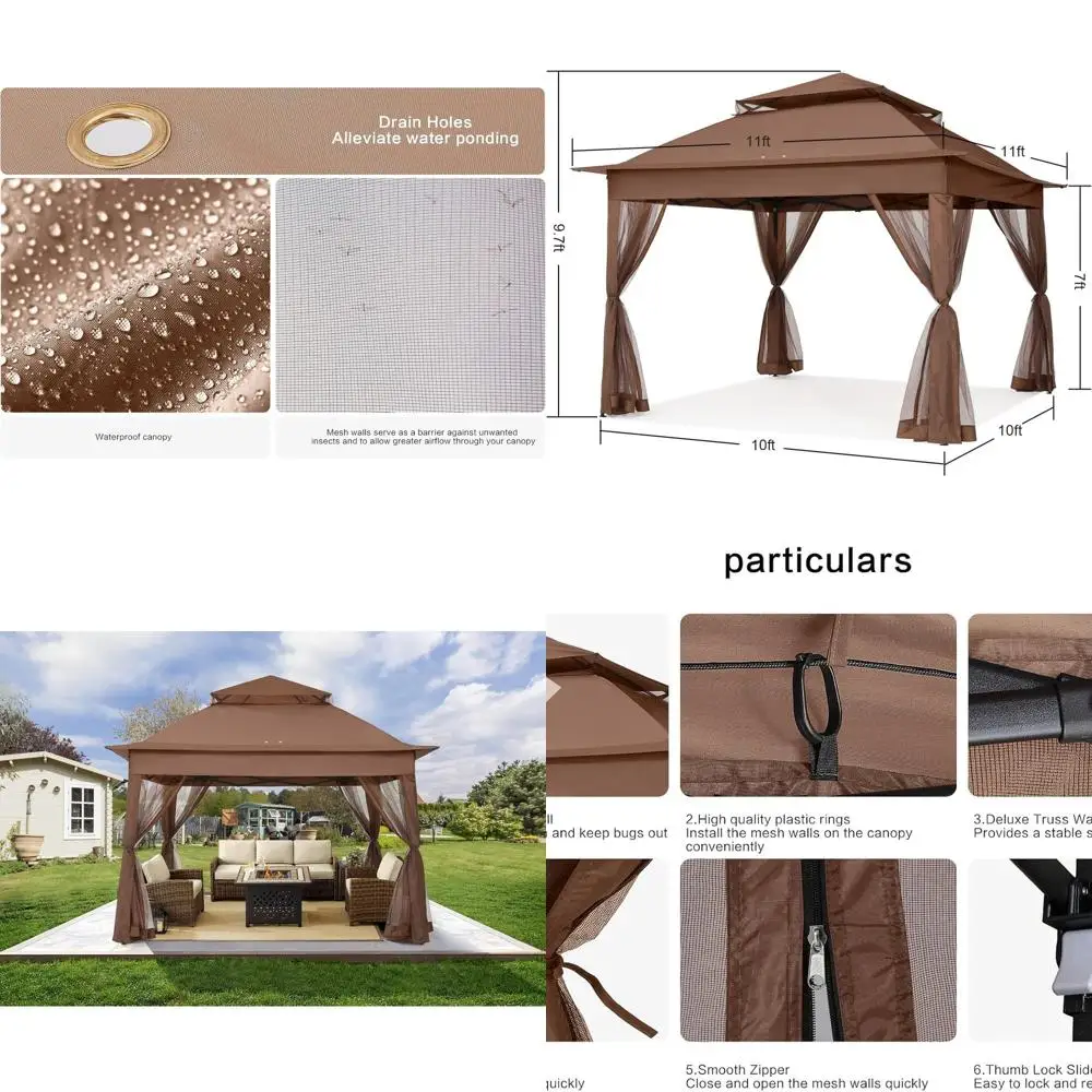 

Brown 11x11ft Pop-Up Gazebo with Mosquito Net for Outdoor Patio Shelter
