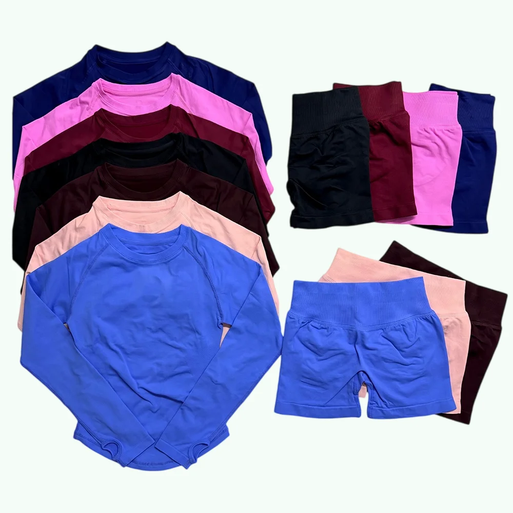 Women long Sleeve Top compression shirt Seamless Scrunch Bum shorts yoga outfit activewear Sports Set Gym Fitness Sets