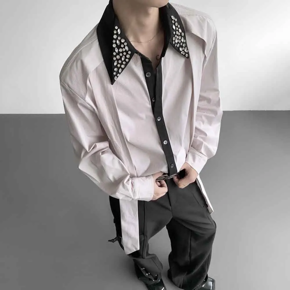 Mens Autumn Shirt Ribbon Rhinestones Color-Blocked Streetwear Fashion Nightclub Stage Performance Outdoor Niche Top Men'S Wear