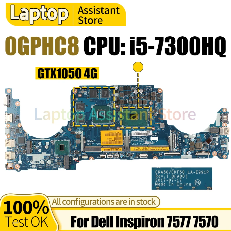 

For Dell Inspiron 7577 7570 Mainboard LA-E991P 0GPHC8 SR32S i5-7300HQ GTX1050 4G 100％ test Notebook Motherboard