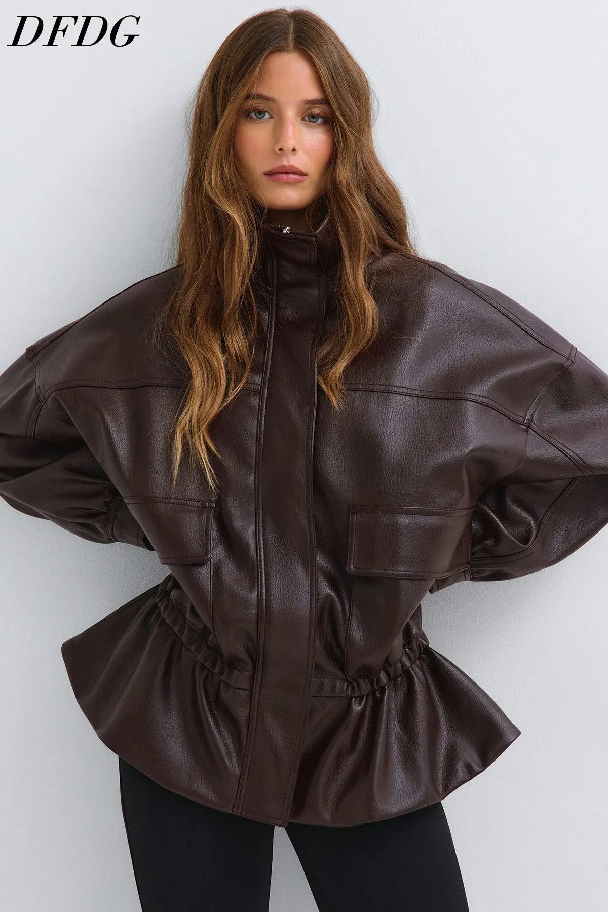 DFDG Women 2026 Faux Leather Jacket Stand Collar Zip Front Oversized Pockets Drawstring Hem Peplum Casual Winter Outer Coat