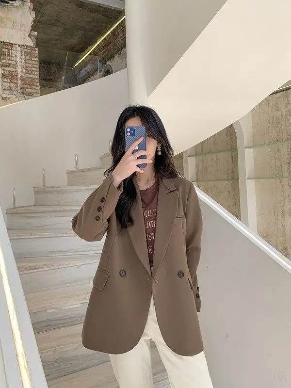 Abiti popolari coreani Stile vecchio denaro Donna Blazer nero Cappotto da donna Singolo bottone Puro paillettes Silhouette Abbigliamento Vita chiusa