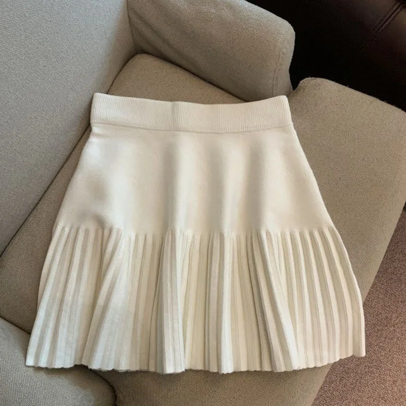 Lucyever Knitted Pleated Skirt Women Fall Winter High-waisted A-line Skirt Female Preppy Style All-match Patchwork Mini Skirts