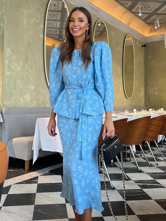 

Faionable Print ter Ne Long Sve Комплект юбки-миди Женский комплект Ele из двух предметов Европейская юбка трапециевидной формы из полиэстера...