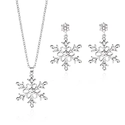 Christmas Full Rhinestone Snowflake Stud Earrings for Women Girls Exquisite Pendant Necklace Fashion Wedding Party Jewelry Set
