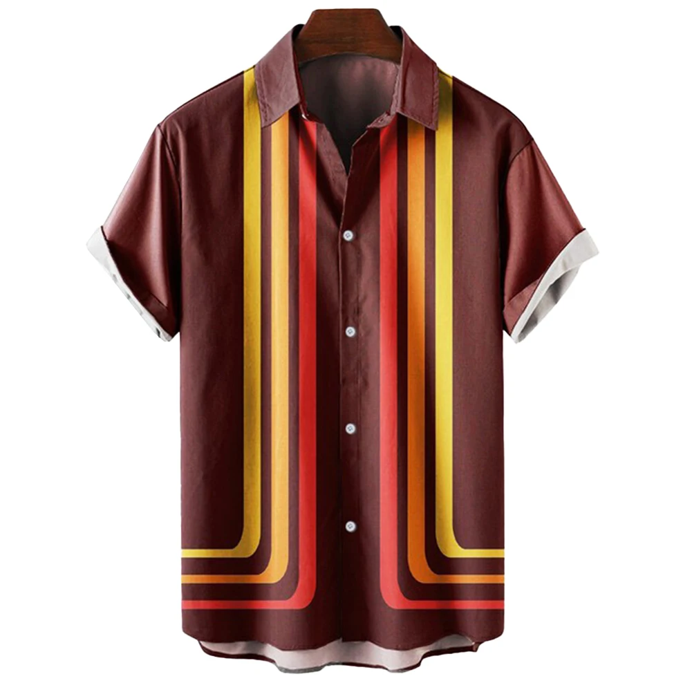 

New Mens Vintage Summer Oversized Stripe Short Sleeve Shirt Blouse Collared Button Down Shirts Tops Casual Beach Men Shirt