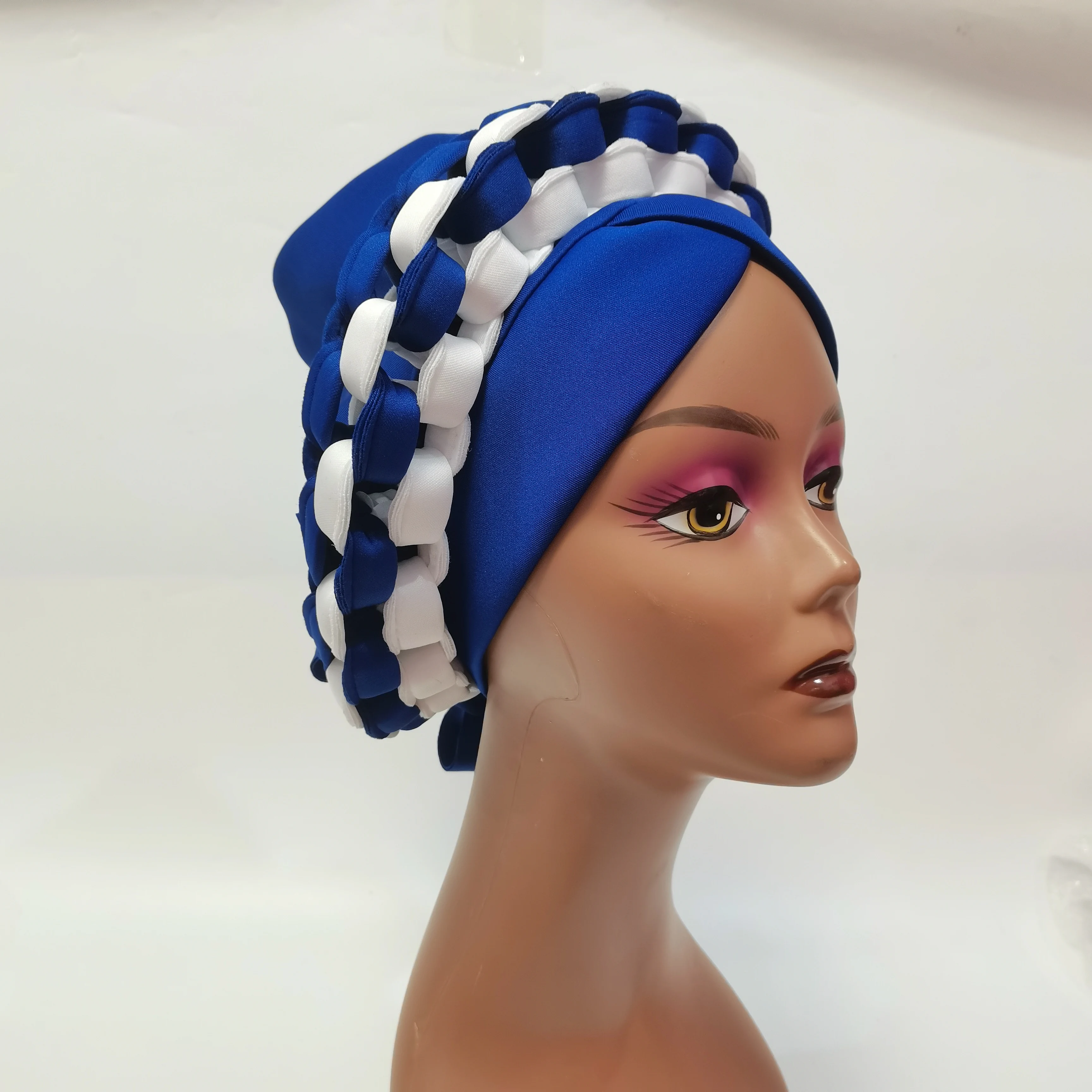 African Ladies Headtie Headwear with Beads Nigerian Head wrap already Made Auto Gele Headscarf for Party DM906-2