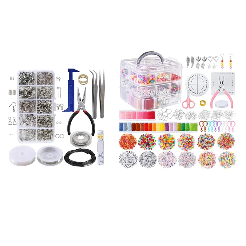 

1 Set 10 Grid With Beading Wires Metal Jewelry Making Kit & 1 Set 12 Styles Friendship Bracelet Kit With String