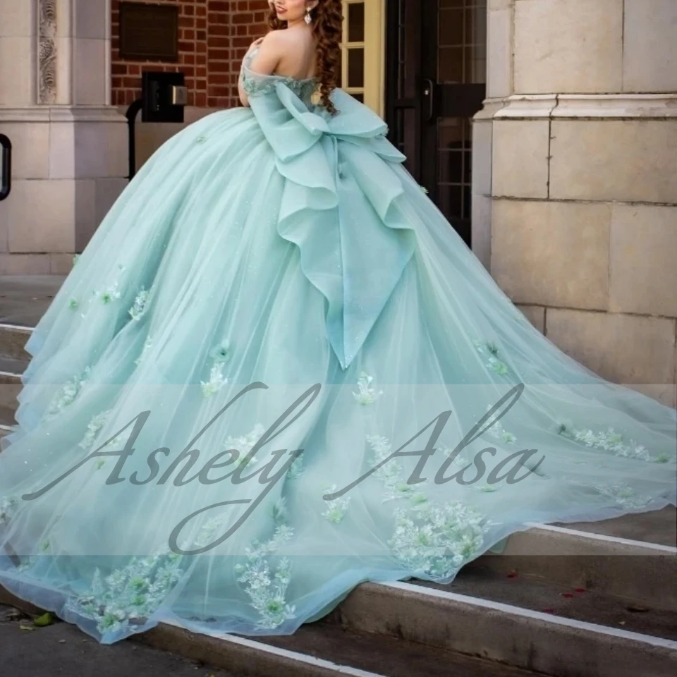 Vestido De quinceañera verde menta mexicana para mujer, vestido De baile, apliques florales 3D, corsé De lazo, 15 Años, ropa De fiesta De cumpleaños y graduación