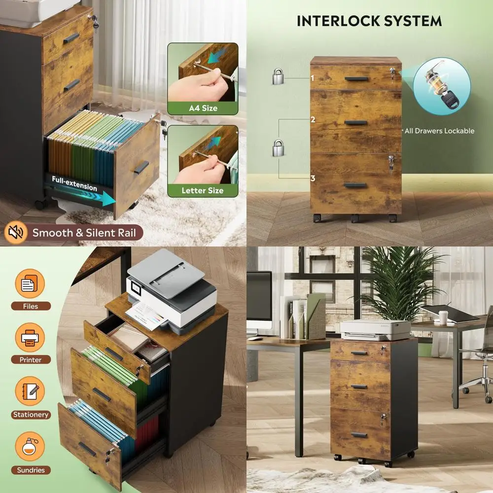 

Коричневый деревянный шкаф для документов с 3 выдвижными ящиками и замком, идеально подходит для домашнего офиса