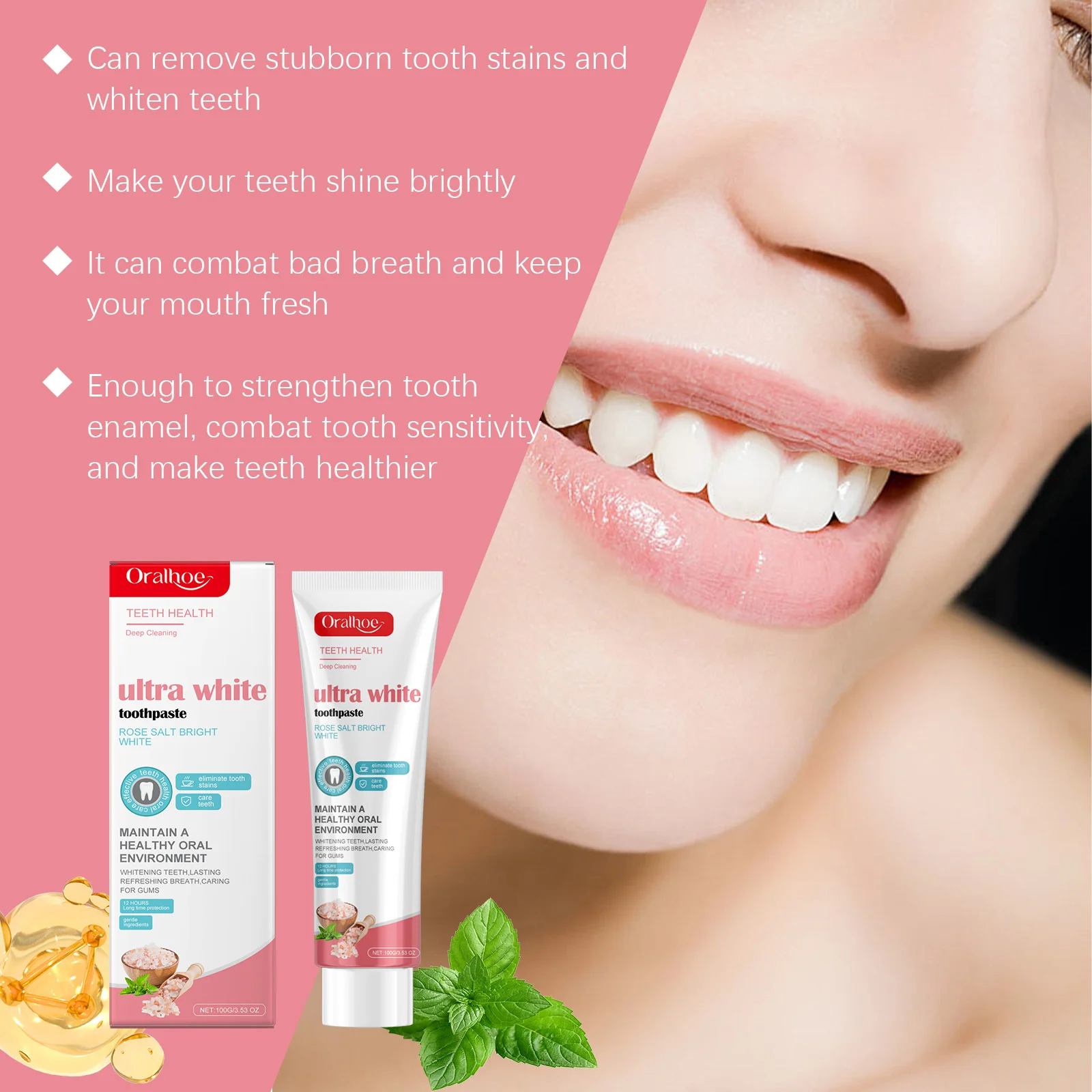 

Rose Whitening Toothpaste Deep Cleaning Remove Bad Breath Stains Removal Anti-Cavity Teeth Soothing Gums Brightening Toothpaste