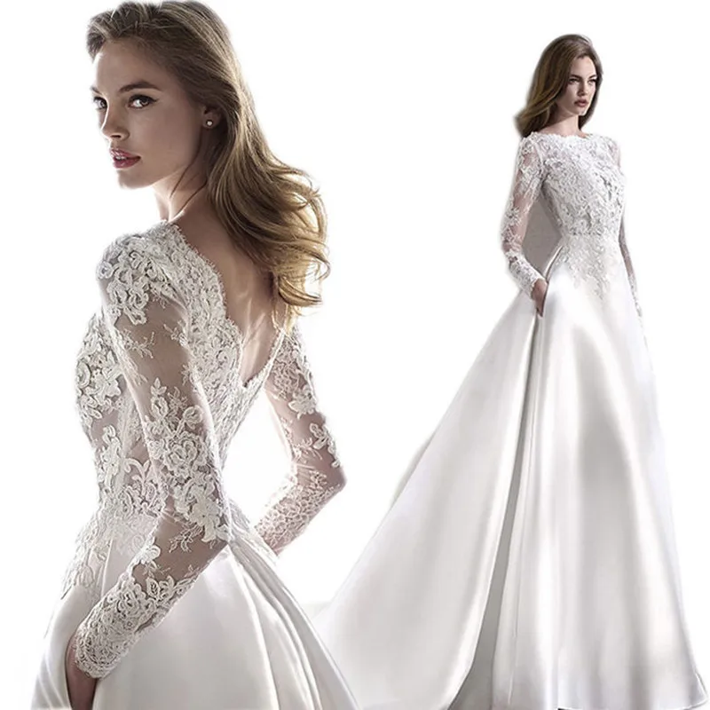 European and American Satin Wedding Dresses Sexy Lace V-Neck Long Sleeves A Swing Trailing Bride Wedding Main Wedding Dress Trav