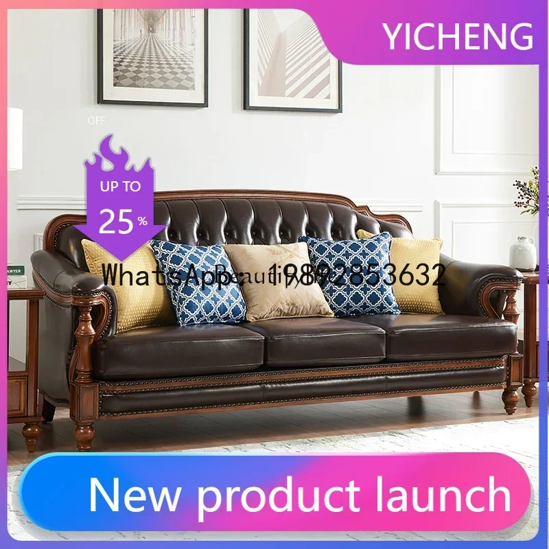 

solid wood leather sofa first layer cowhide European simple three-person large apartment