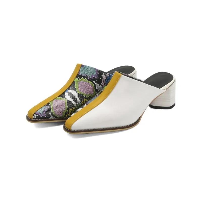 Yellow White Snakeskin Women Mules Patchwork High Block Heel Sandals Summer Dress Party Lady Slip-on Colorful Square Toe Slipper