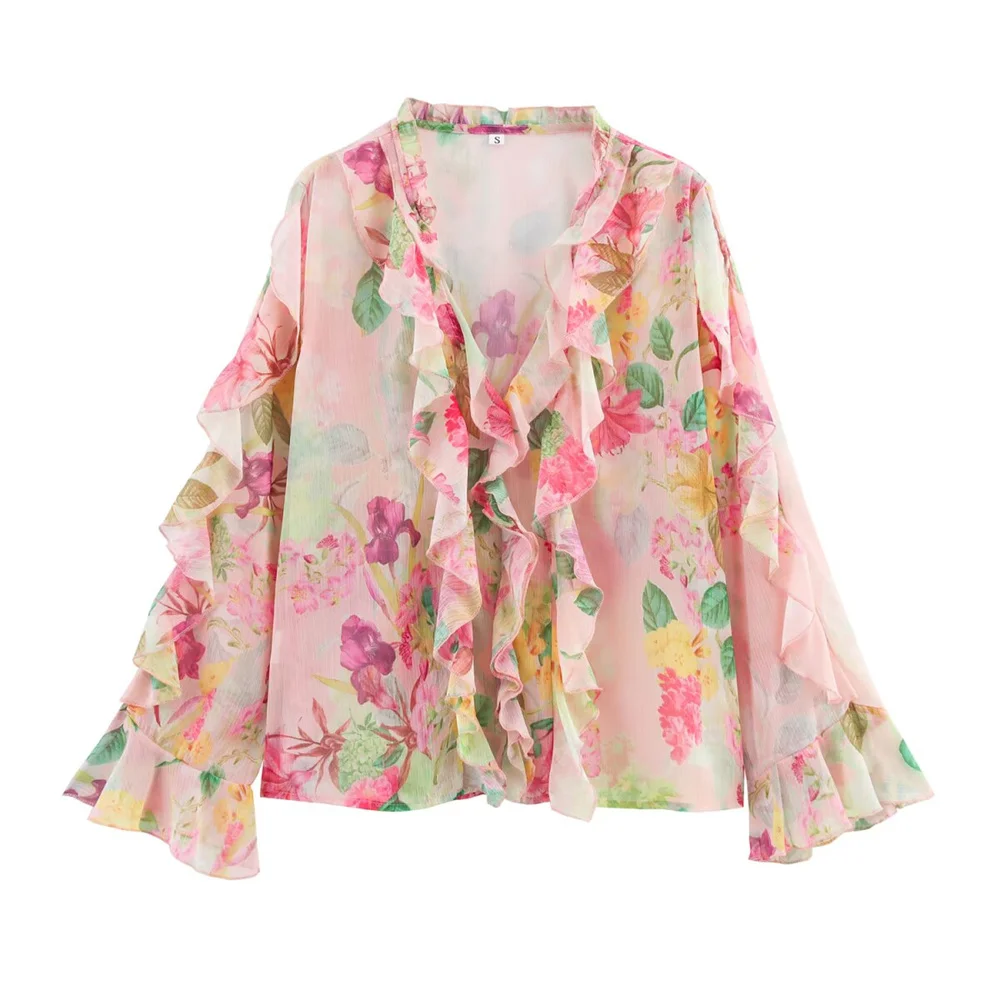 

Summer new women's clothing European and American style flower printed layered decorative shirt