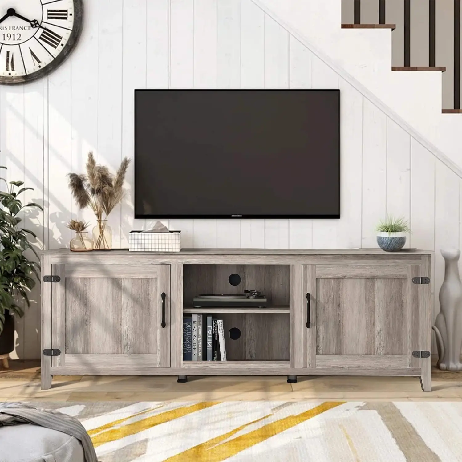 Grey TV Stand for 55/65/70/75/80 inch TV, TV Media Center, Rustic Entertainment Center with Doors Wood Storage Cabinet Media