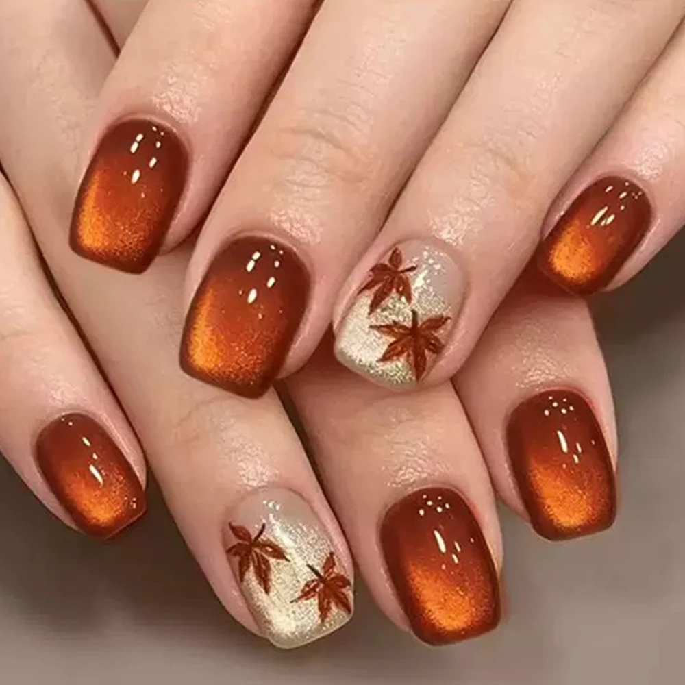 Autumn Maple Leaf Press on Nails Short Square False Nails Amber Cat Eye Gradient Design Reusable Nails for Girls Daily Wear