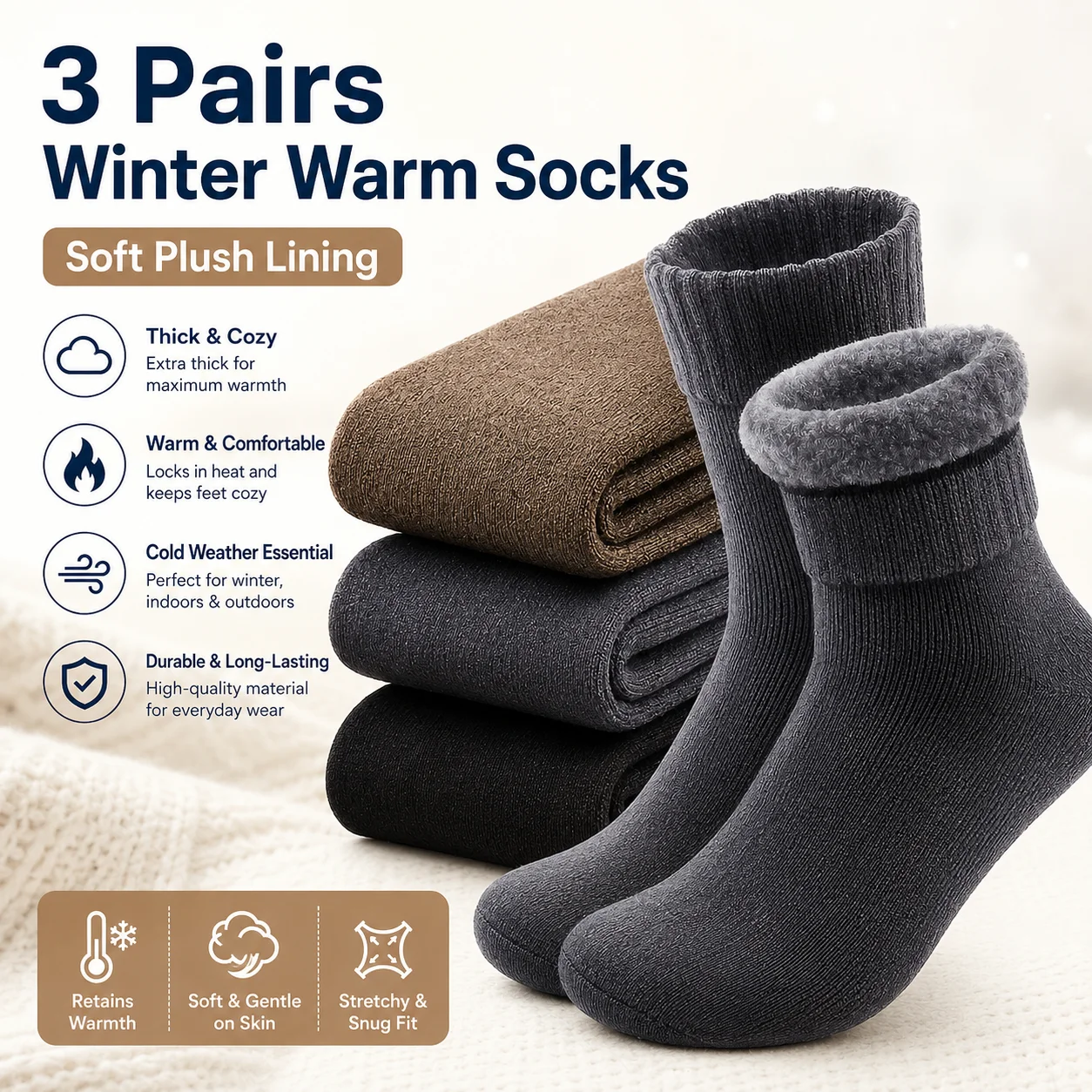3 Pairs Men's Winter Warm Hiking Socks, Thick Reinforced Toe & Heel, Size 40-45, Soft Cold-Weather Outdoor Socks