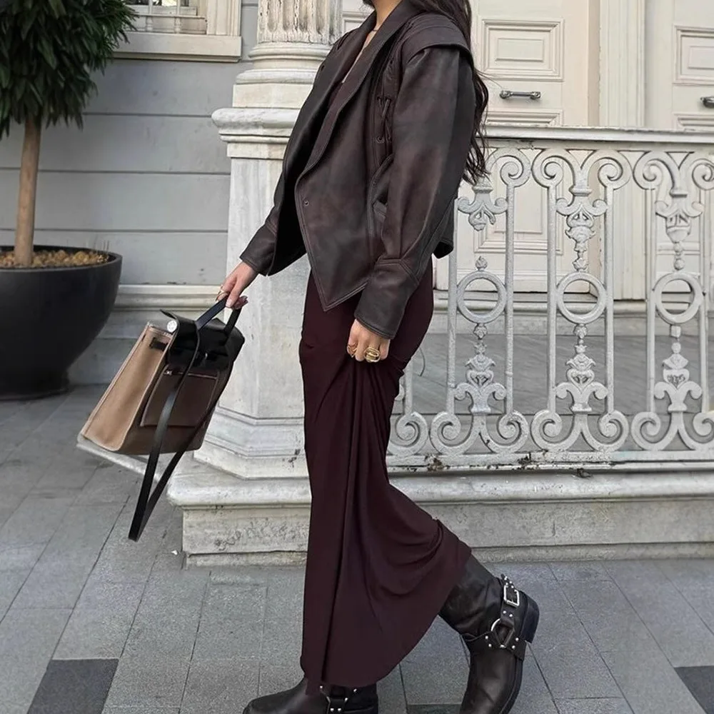 Women's Commuting Leather Jacket with Tie Up Long Sleeved Short Jacket, Fashionable Temperament for Autumn and Winter