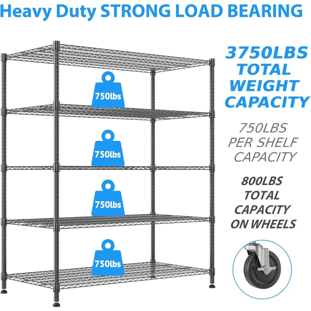 Сверхмощные полки для хранения, 5-уровневые проволочные полки с колесами, коммерческие регулируемые металлические полки для хранения, Garag