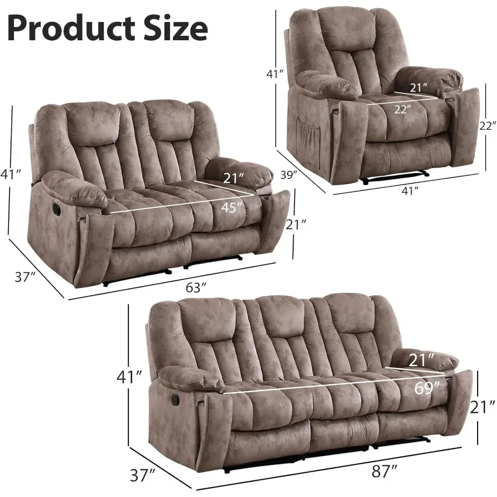 3 Pieces Recliner Sofa Furniture Set,Manual Recliner with Massage and Heat,Recliner Chair and 3 Seat Couch Set for Living Room