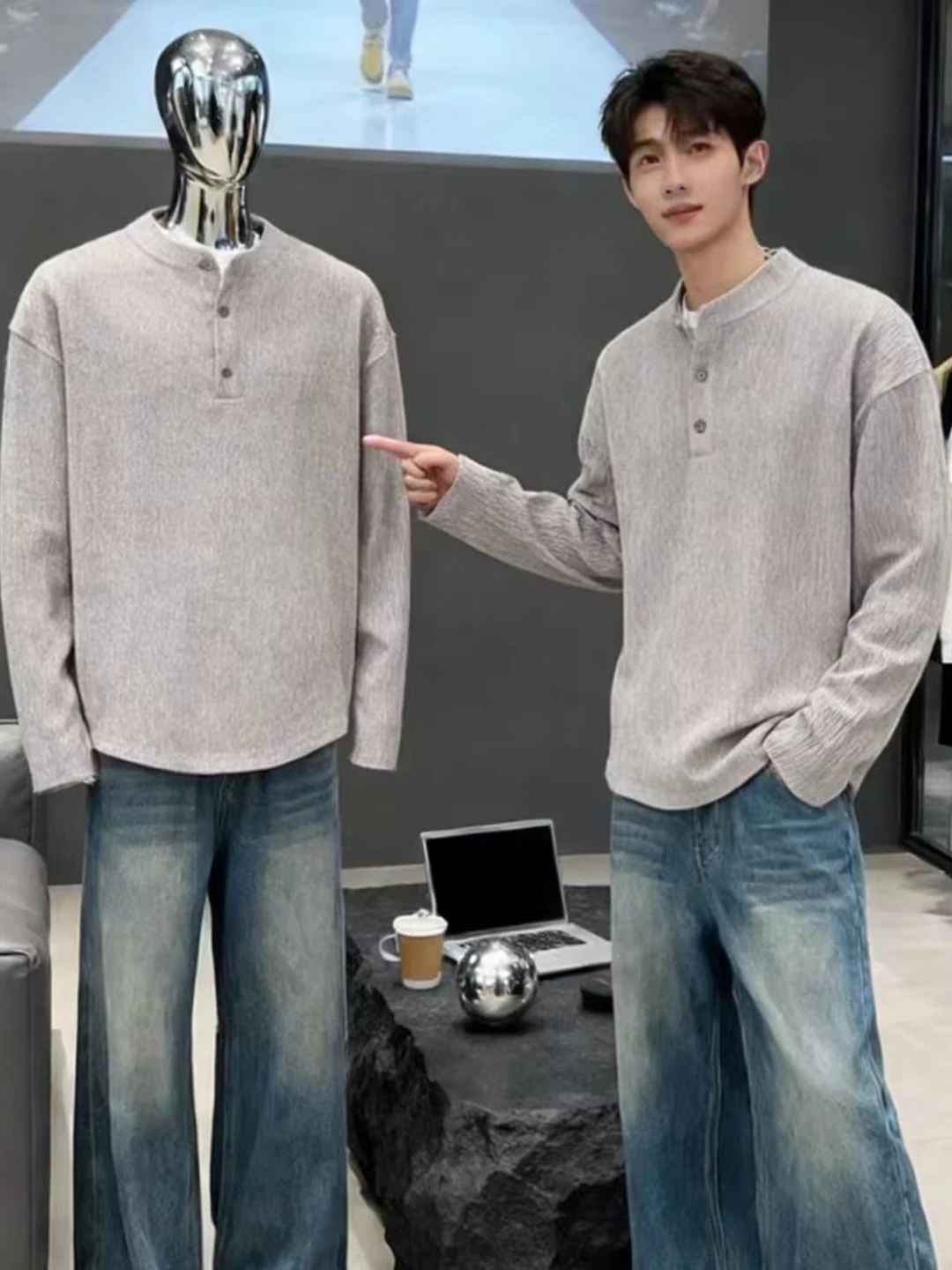 

Cleanfit American Henry Collar Texture Long Sve T-irt Men's Base Layer irt Small Collar Sweatirt Spring Season