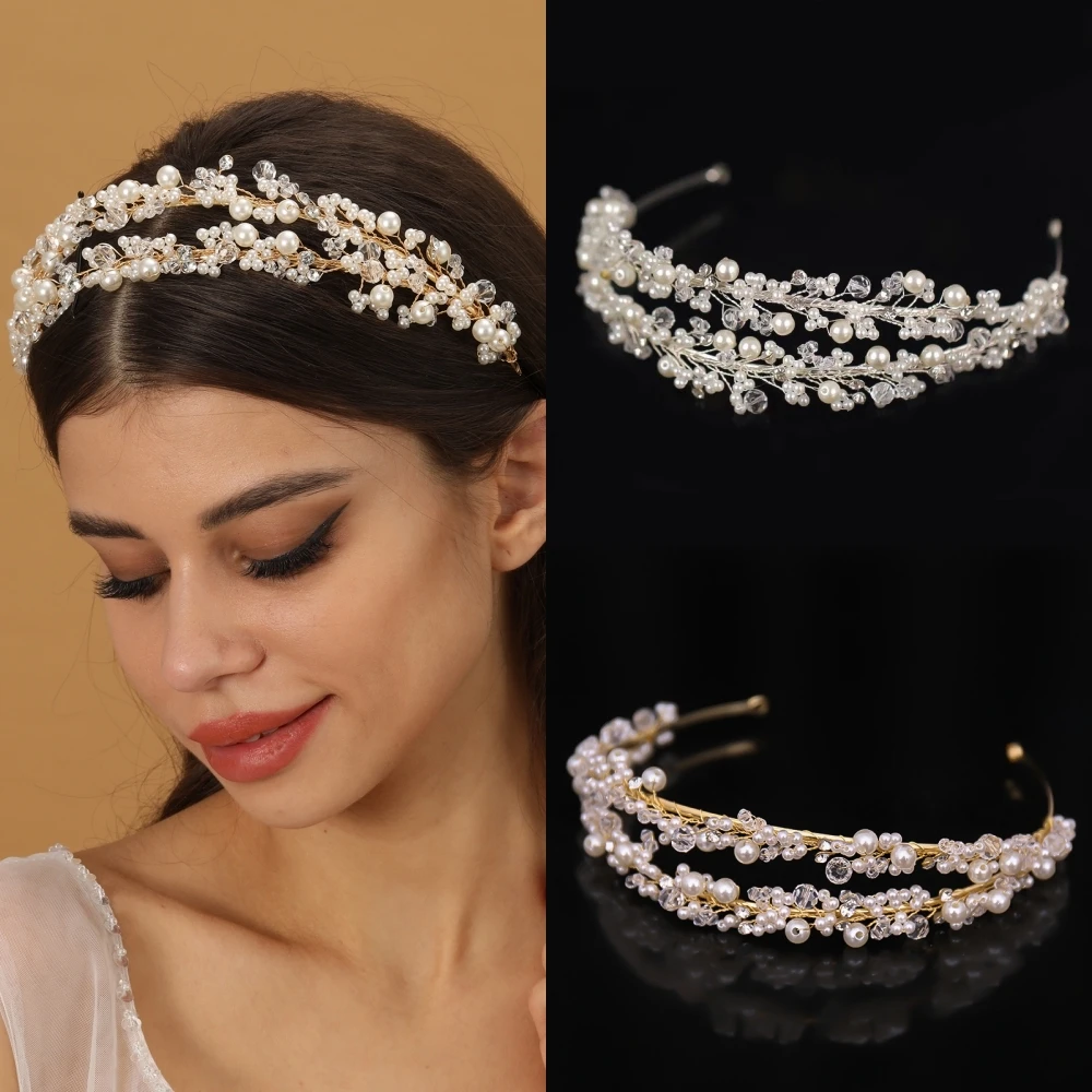 Rhinestones Pearl Tiaras Crowns Hair Jewelry Wedding Bride Headpiece Accessories Handmade Women Crystal Hairbands FD489