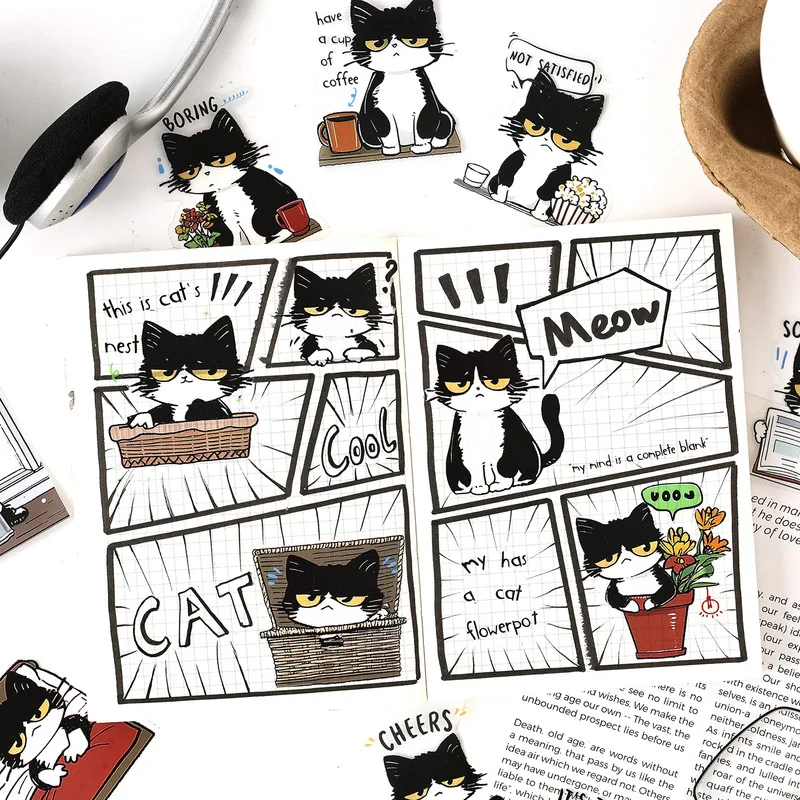 20 Sheets Black White Arrogant Cat Stickers, Cute Grumpy Kitten Decor Stickers for Journal Scrapbook Laptop DIY Craft Decoration