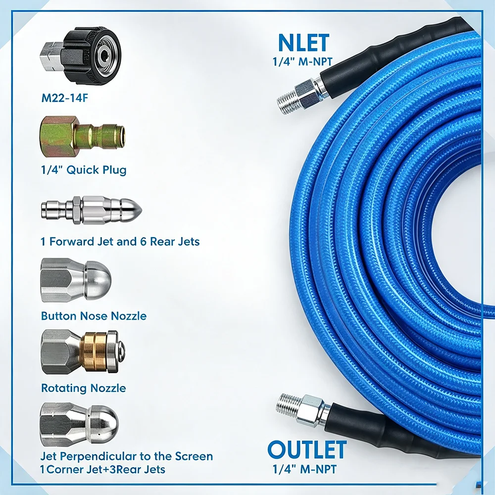4000PSI Drain Cleaner Hose 30M Sewer Jetter Hose Kit 1/4 Inch NPT Corner Rotating Button Nose Sewer Jetting for Pressure Washer