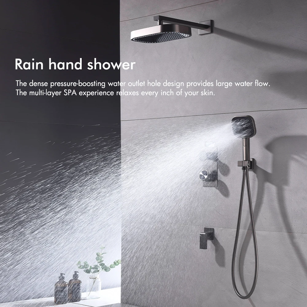 Gunmetal Shower Faucet Kit 3 Way Bathroom Shower Tap Concealed Box Mixer Fold Spout Embedded Box System