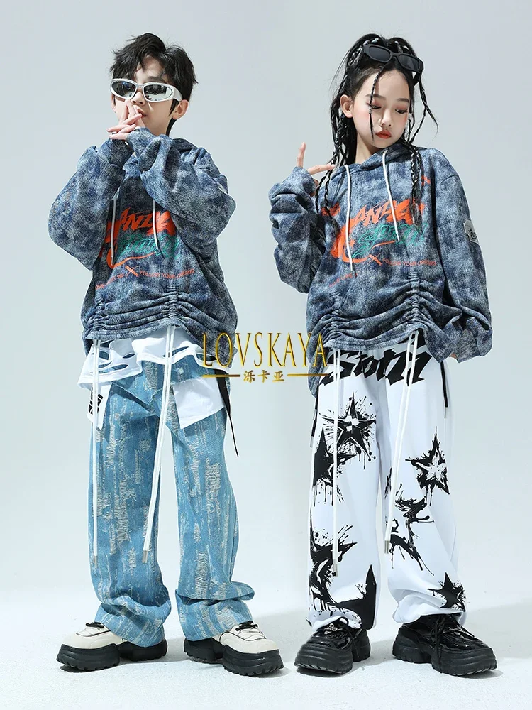 Children hiphop Street Dance Jazz Drum Loose Long Sleeve Tie-dyed Sweaters Boys and Girls Performance Suit Tide