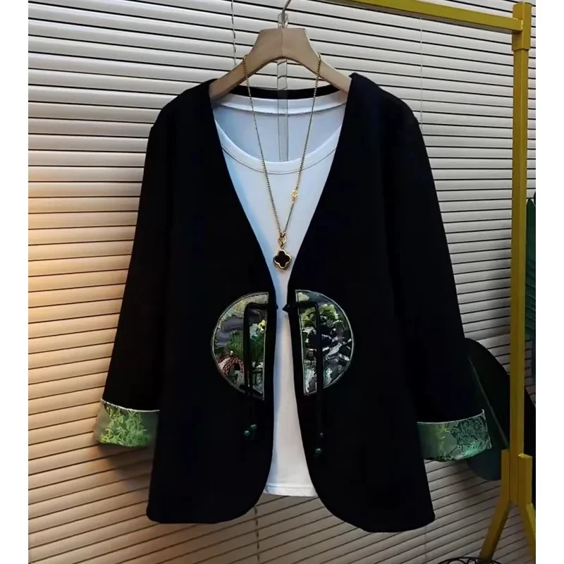 

Spring And Autumn New Loose Slim Temperament Fashion Retro Chinese Style Buckle Embroidered Coat Female Tide.