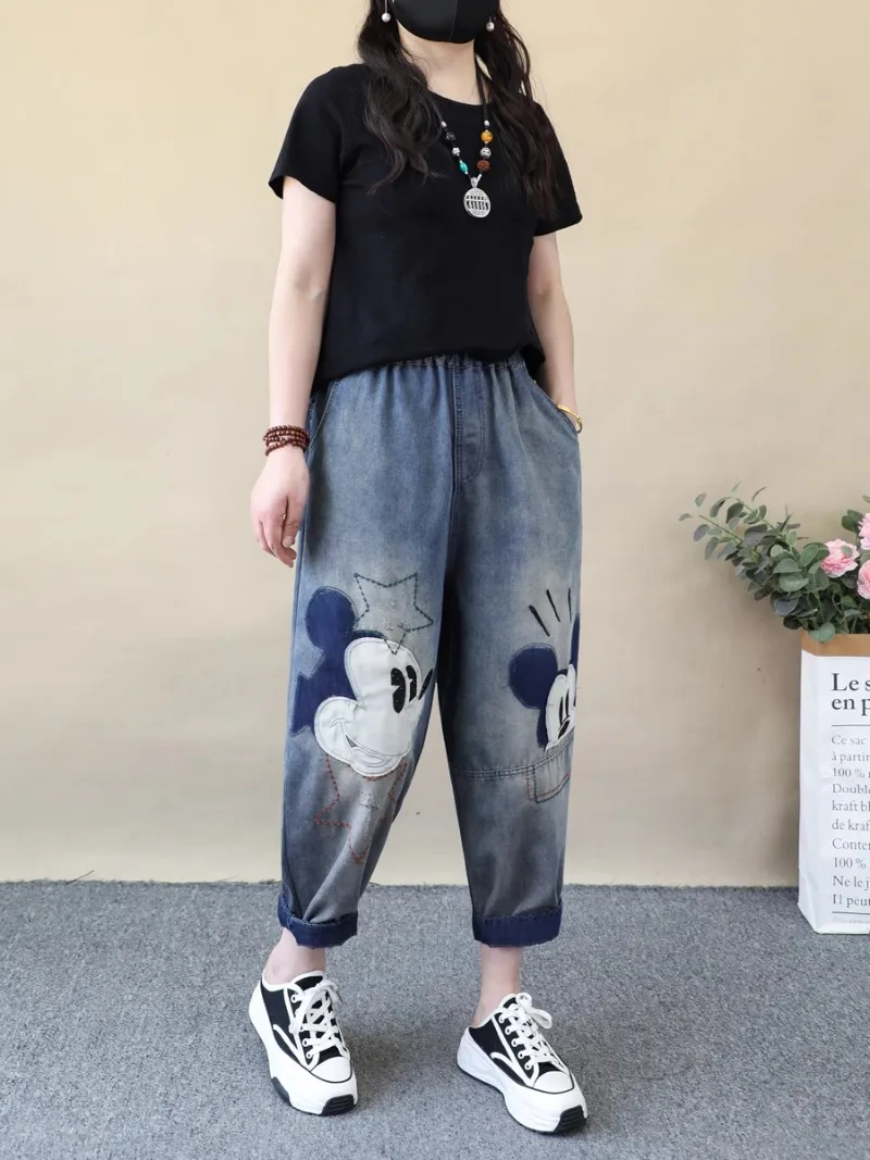 Retro Cartoon Love Cartoon Embroidered Jeans Women's Loose Oversized Ripped Eight-point Harlan Pants Thin Summer Denim Trousers