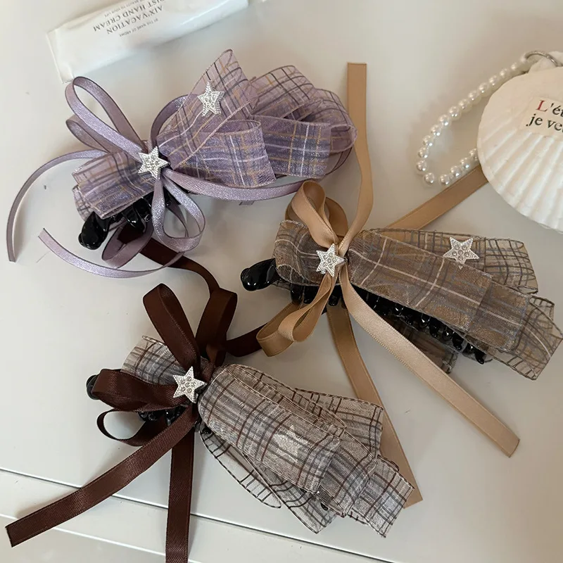 

Нежная заколка-банан в клетку со звездой и бантом, для создания прически «хвост», женская, элитная, в стиле «акула», аксессуар для волос